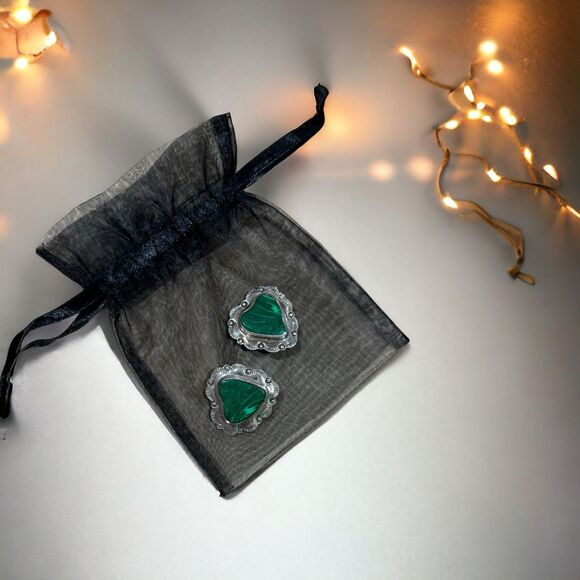 Vtg Sterling Silver 925 Signed Malachite Chunky Concho Heart Clip-on Earrings - Picture 7 of 7